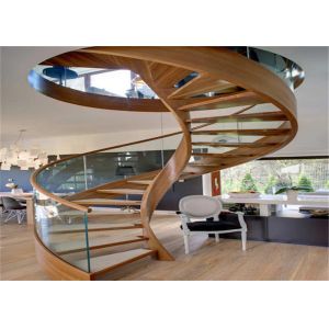 700 - 1800mm Width Curved Wooden Staircase With Tempered Glass Railing