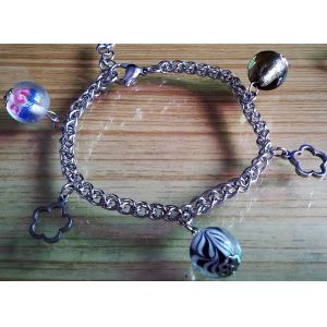 Stainless Steel Chain Linked Murano Pandora Glass Beads Charms Bracelets,12