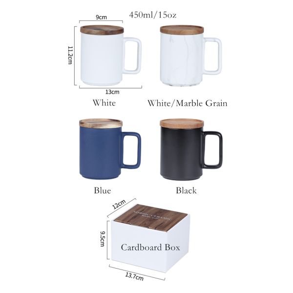 Custom Large 15oz Nordic Matte Black White Ceramic Coffee Mug with Wooden Lid Gift Box