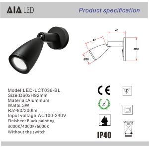 Hotel room bedside LED reading light 3W rotatable embedded reading wall light