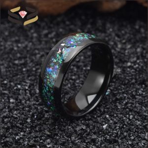 China Men'S Domed Black Tungsten Carbide Wedding Band Ring 8mm With Galaxy Opal Inlay on sale