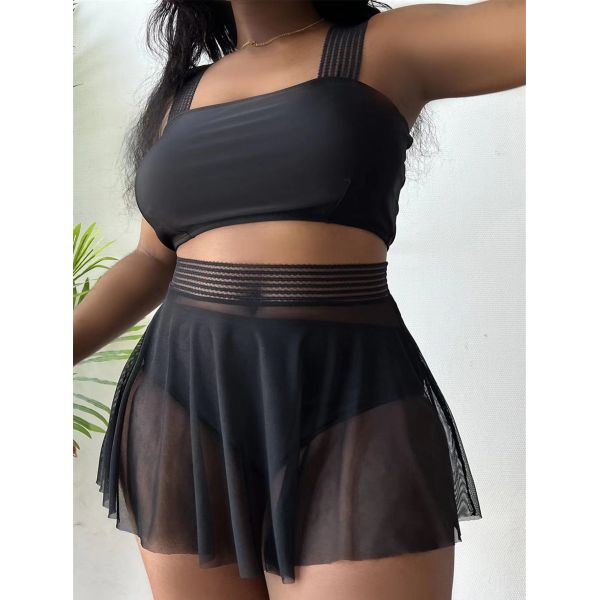 Polyester Large Size Ladies Swimwear High Waist Plus Size Two Piece Bathing Suits
