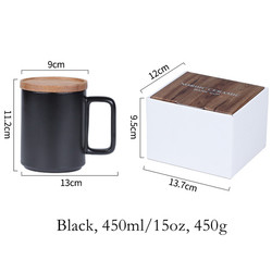 Custom Large 15oz Nordic Matte Black White Ceramic Coffee Mug with Wooden Lid