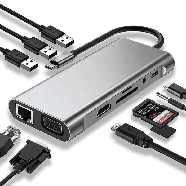 USB C Hub Type-C To USB 3.0 HDMI VGA RJ45 Lan SD TF Audio USB Grey Multiport