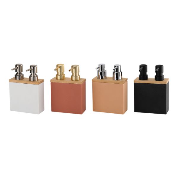 Sand stone twins soap dispenser with wood print top and double ABS pump heads hand soap dispenser soap pump