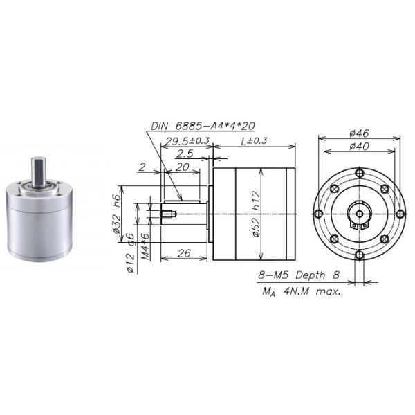 8000RPM High Precision Planetary Gearbox 52mm Length CCW Directions