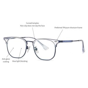 Classic Square Combination Glasses Men TR Titanium Frame Anti Blue Light