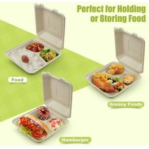8 Inch Biodegradable Sugarcane Bagasse Clamshell 3 Compartment Disposable Lunch
