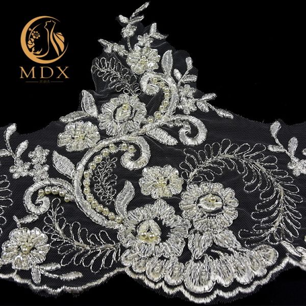Embroided Beaded Lace Trim Polyester 140cm Width With Metal Thread