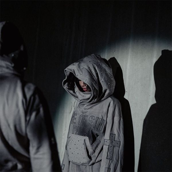 Custom Rhinestone Sweat Suit Pullover Distressed Masked Embroidered Patch Hoodies Baggy Stacked Flare Sweat Pant Tracksuit