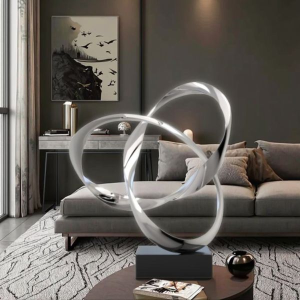 Mirror Abstract Stainless Steel Intertwined Rings Sculpture Modern Art Decor for Home & Office
