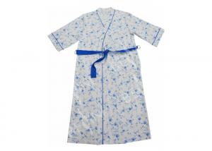 Cheap Ladies Cotton Jersey Blue Floral Printed Bath Robe Kimono Wrap Blue Piping 3/4 Sleeve for sale