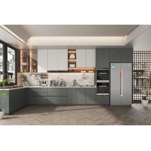 Particle Board Modern Kitchen Cabinet For Apartment With Quartz Countertop