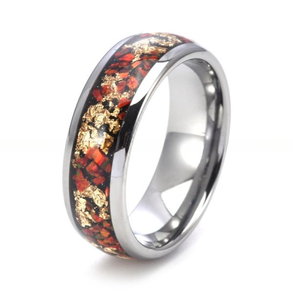 Quality 8mm High Polished Silver Tungsten Ring With Opal And Gold Foil Inlay wholesale