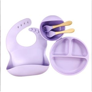 Cheap 5pcs Eco-friendly Baby Feeding Set Silicone Suction Bowls Plates Spoon Fork Bib for Toddlers for sale