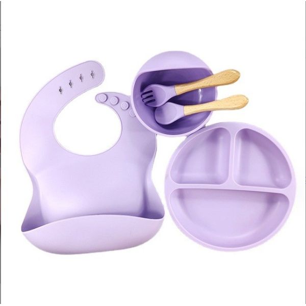 5pcs Eco-friendly Baby Feeding Set Silicone Suction Bowls Plates Spoon Fork Bib