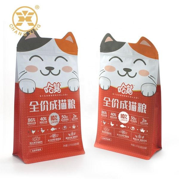 Quality LDPE Dog Cat Pet Food Packaging Bag 5kg Box Bottom Zipper Pouch Eight Side Seal wholesale