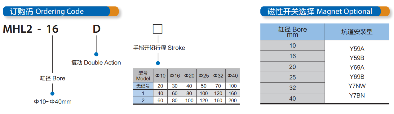 40mm Bore Dual Rod Cylinder MHL2 Series Double Acting Parallel Type