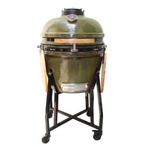 China Ceramic Kamado Grill 23 Inch Outdoor Charcoal Tropical Green Color 59cm With Cart And Side Tables on sale