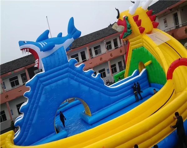 14*18m Inflatable Water Park with 1200w Blower and 1-20 People Capacity Dragon Shark Slide and Large Swimming Pool