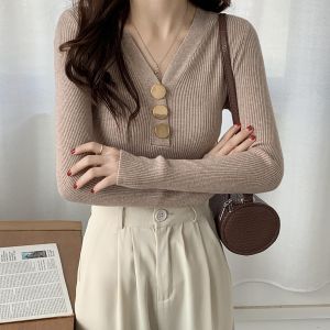 Ladies Long Sleeve Pullover Deep V Neck Knit Sweater With Buttons