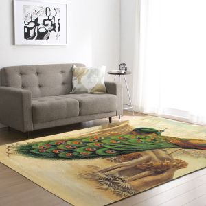 Customized Peacock Area Rug Under Couch Polyester Carpet For Living Room