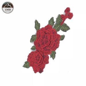 Mesh Iron On Embroidered Patches / Dress Patches Red Flower Shape Custom Logo