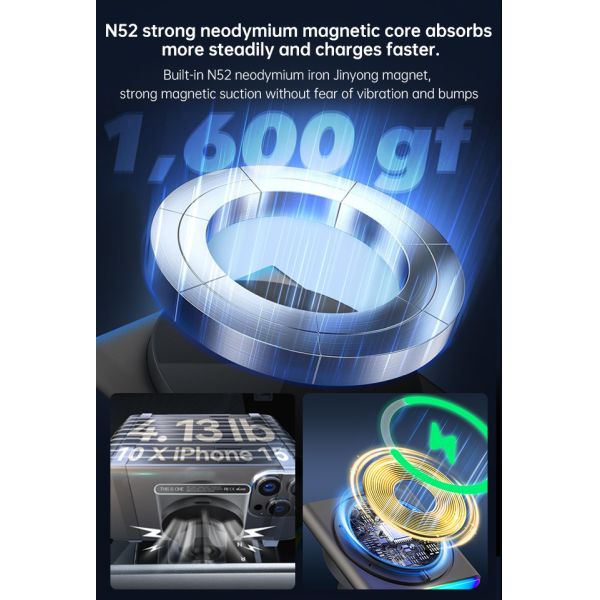 Qi2 Wireless Charger For Automotive Ultra-Thin Design Metal Material 9-Color RGB Light Effect One-Hand Operation Fast Charging