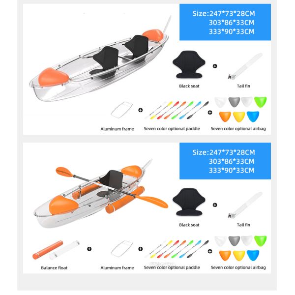 PC Sheets Full Transparent Kayak Crystal Kayak Clear Bottom Boat Polycarbonate Material Portable Clear Kayak for Scenic Lakes