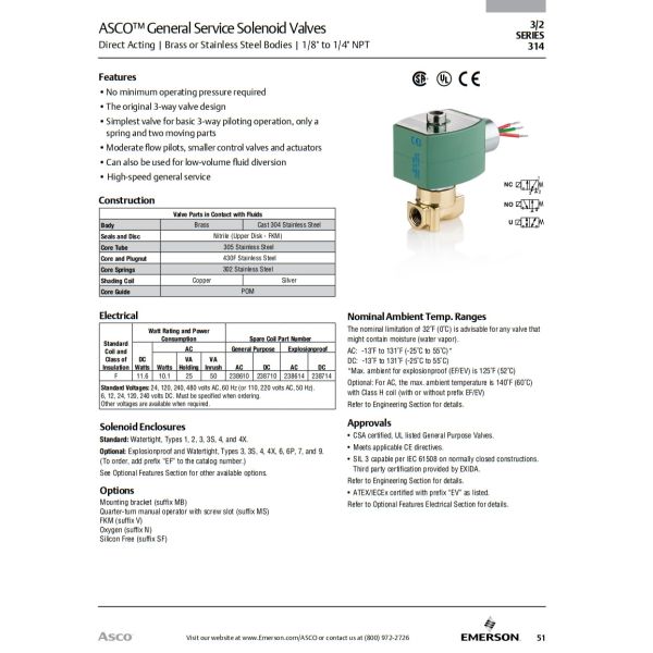 ASCO Series 314 3/2 Solenoid Valve Direct Acting Universal 1/8" 1/4" NPT Steel Brass Body