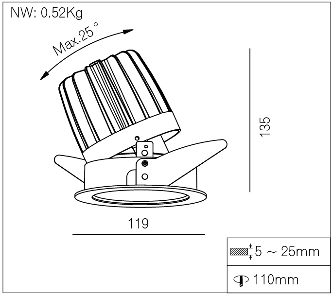 15Watt COB LED Recessed Adjustable Downlight for Hotels Dia.119*h135mm 1100lm, with CITIZEN CLU370 Chip