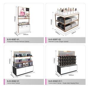 Skincare Display Counter Platinum Wooden Island Cabinet With Led Lights For