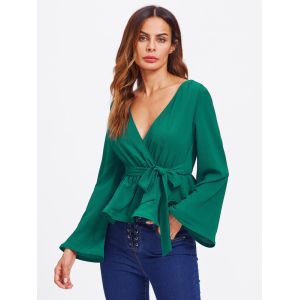Bell Sleeve Wrap Blouse with Deep V Neck