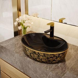 Luxury Oval Freestanding Vanity Basin Black Gold Color With Faucet