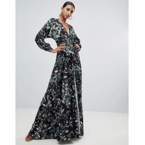 China custom made hot sale tie waist maxi dress with side split in dark floral on sale