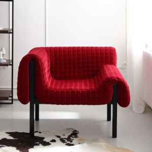 China 102cm Fabric Leisure Chair Modern Minimalist With Red Solid Wood Leg on sale