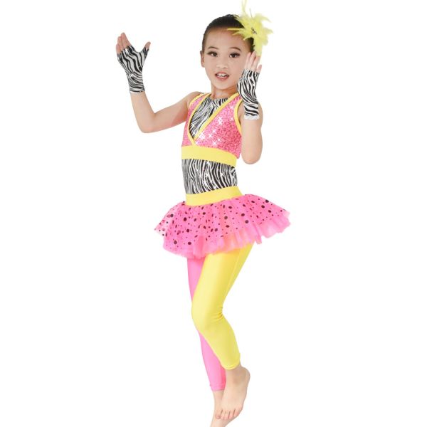 MiDee Jazz Dance Costumes Zebra Leotard Sequin Vest Multi Color Lycra Skirt