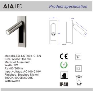 hotel led flexible arm bedside reading light/bed reading light/wall mounted