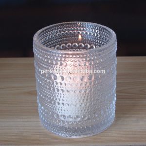 Customized Embossed Beads Strings Glass Votive Candle Holders , Glass Cylinder