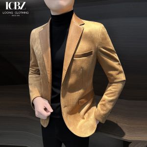 Single Breasted Men's Leather Jacket End Splicing Design Casual Small Suit for