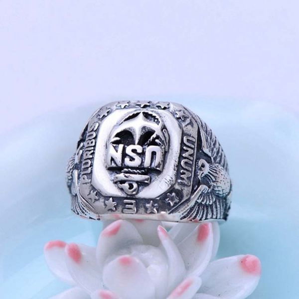 Men Sterling Silver Ring Punk Eagle US Army Military Band Ring (024441W)