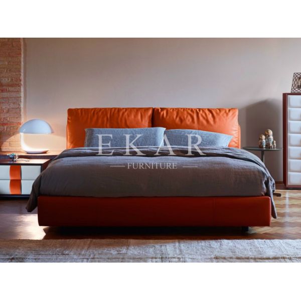 Italian Designer Soft Bed Storage Wooden Grey Leather Double Bed