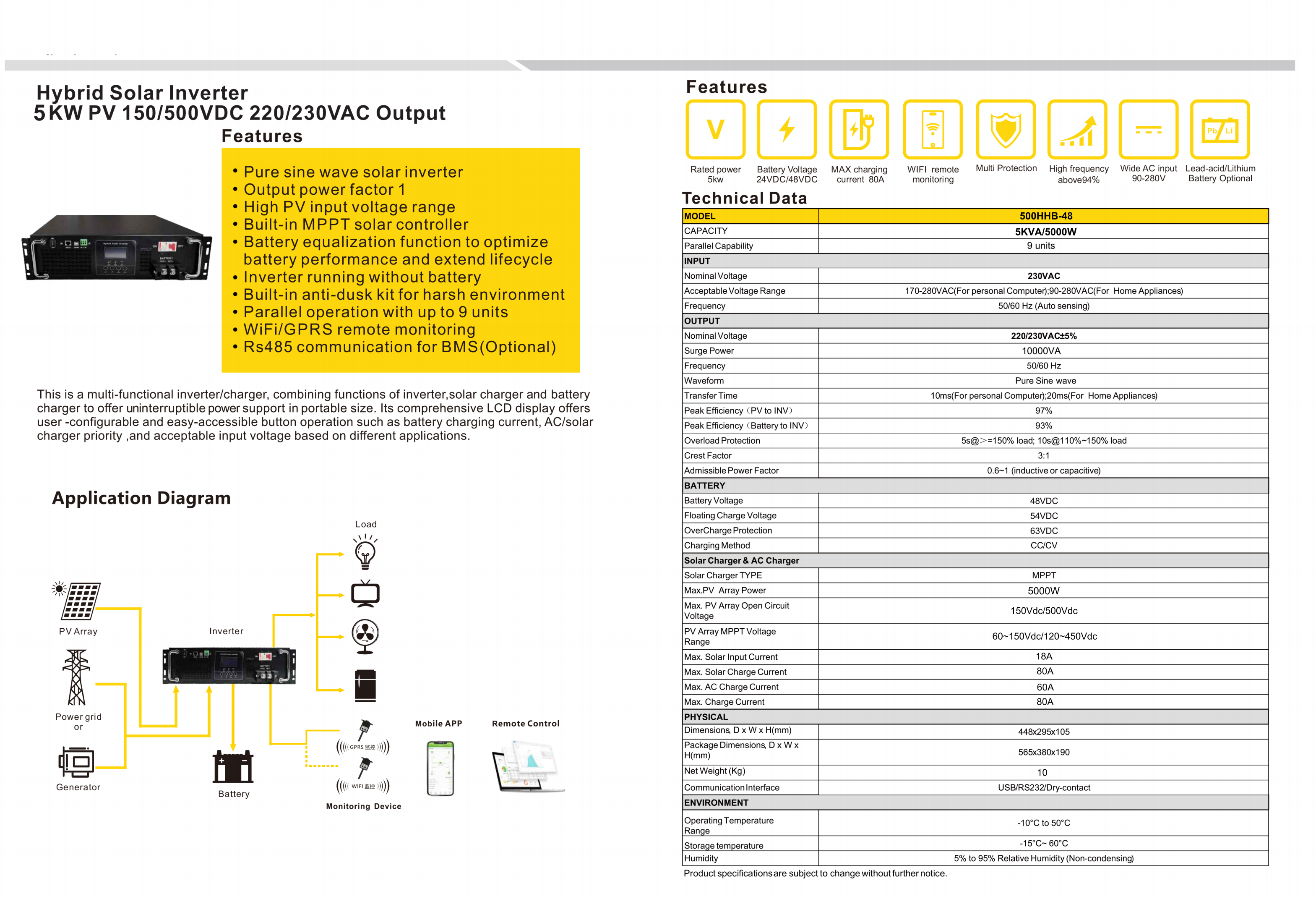 Rack Mount Pure Sine Ware Hybrid Solar Inverter 5KW PV 150/500Vdc 220/230Vac Output Wifi GPRS For BTS