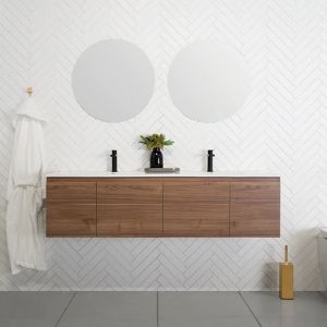 Simple Wood Grain Bathroom Vanity with Wall Mounted Double Sink and Basin
