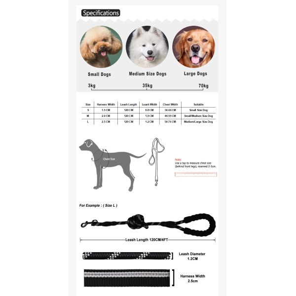 Adjustable Reflective Pet Dog Harness With Nylon Leash Outdoor Training For Small Medium Large Dogs