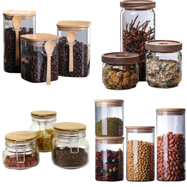 Quality 4.52" Transparent Glass Containers With Wood Lids Food Storage 950ml Anti Spill wholesale