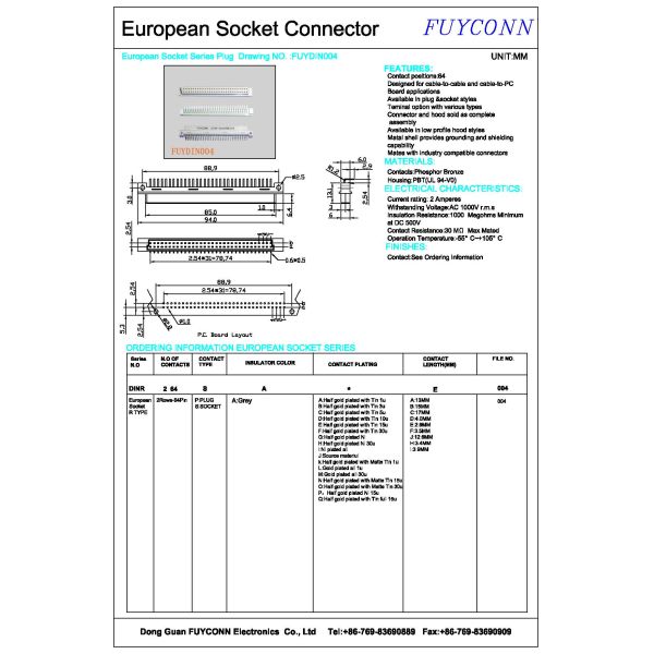 Female DIN 41612 Connector 2 Rows 64 Pin Right Angle Euro card Connector