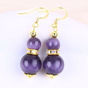 Purple Cat Eye Gemstone Drop Earrings Dangle 8MM 10MM Bead