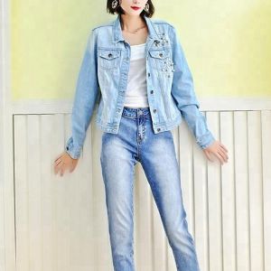 Blue Washed Ripped Ladies Fitted Denim Jacket With Pearls Slim Fit Style
