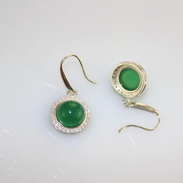 Sterling Silver 9mm Round Green Jade Cubic Zirconia Dangle Earrings( PSJ025E)